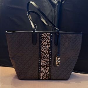 Michael Kors Leopard Accent Black and Brown Tote
